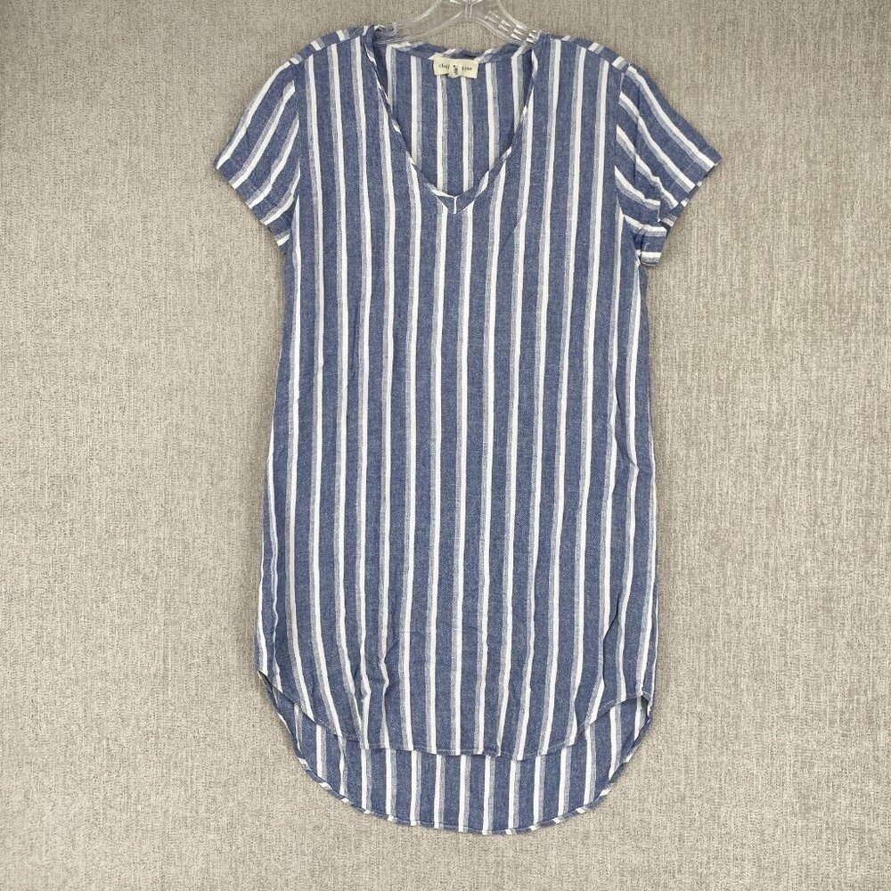 Cloth & Stone Striped V-Neck Tunic Dress Womens Small Blue Rayon Linen Blend